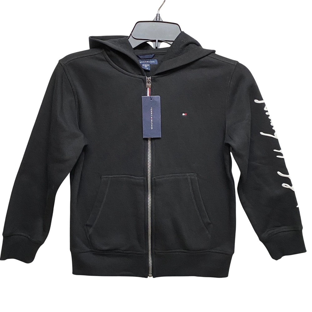 Tommy Hilfiger Black‎ Zip Up Hoodie Boys Girls Signature Logo Sleeve Sm 6-8 NWT - Picture 5 of 9